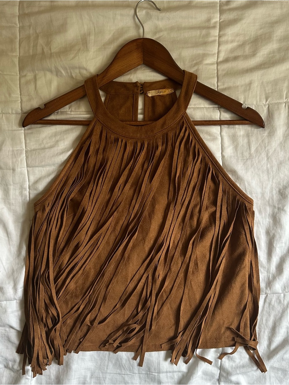 Soprano Camel Faux Suede Fringe Halter Top Tank Small
